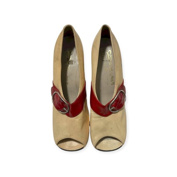 Vintage Ballotta Bologna Italy Red & Ivory Leather Peep-Toe Pumps 1960s–70s - Picture 2 of 11